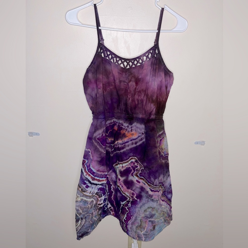 Purple Tie-Dye Midi Dress with Lattice Neckline